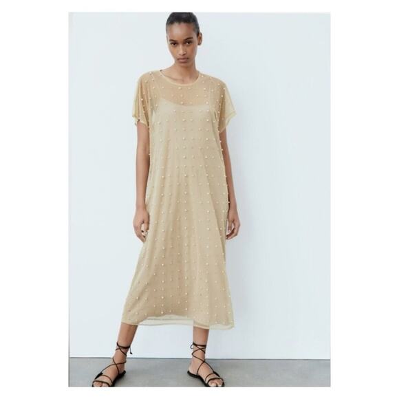 NWT ZARA Mesh Pearl Beaded Midi Dress XS/S Tan - Picture 1 of 7